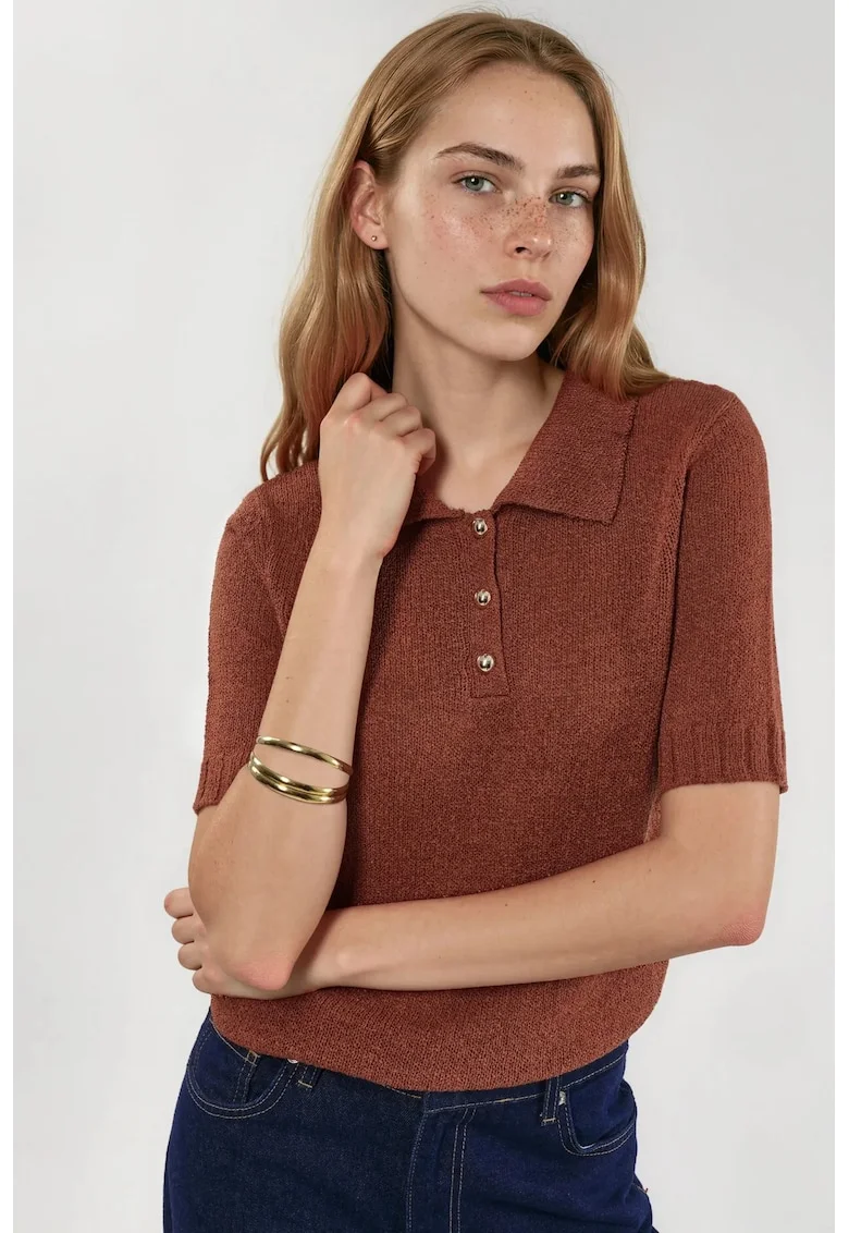 Bluza dama,  bluza tricotata texturata, maneca scurta, maro castor, acrilic si poliamida,