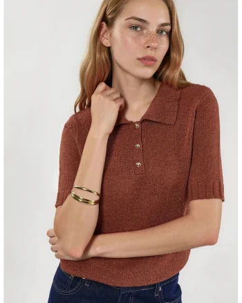 Bluza dama,  bluza tricotata texturata, maneca scurta, maro castor, acrilic si poliamida,