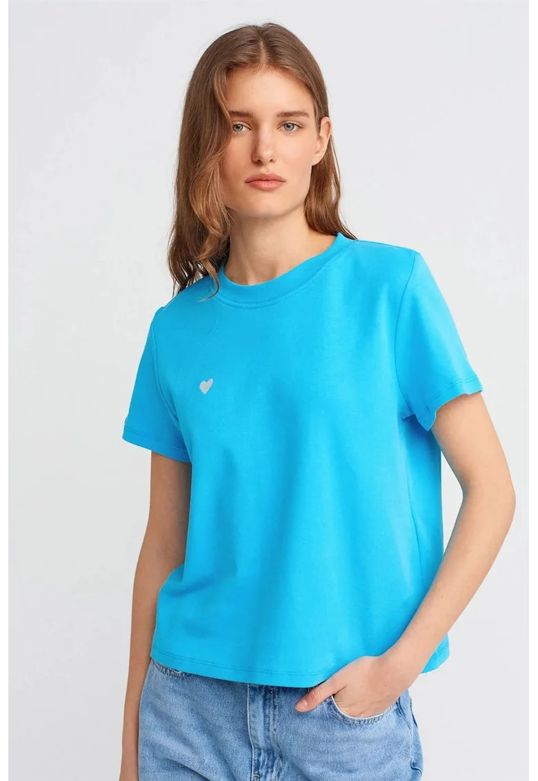 Tricou dama,  tricou din bumbac, broderie, albastru cerulean, maneca scurta,