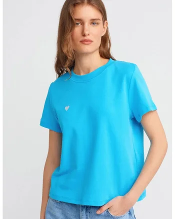 Tricou dama,  tricou din bumbac, broderie, albastru cerulean, maneca scurta,