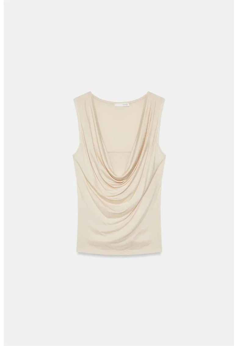 Bluza  fara maneci, decolteu tip sal, bej natural, viscoza elastan