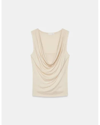 Bluza  fara maneci, decolteu tip sal, bej natural, viscoza elastan