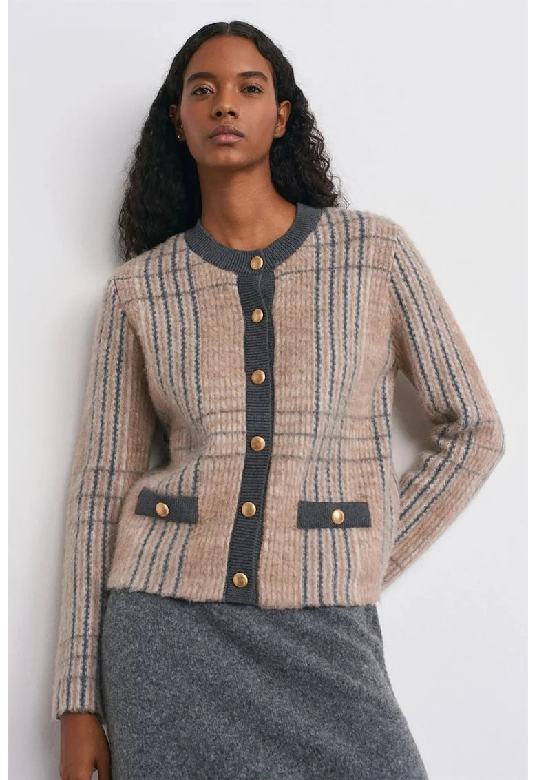 Cardigan Femei,  Jacquard, Multicolor, Carouri, Maneca lunga, Inchidere cu nasturi,