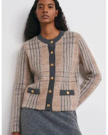 Cardigan Femei,  Jacquard, Multicolor, Carouri, Maneca lunga, Inchidere cu nasturi,