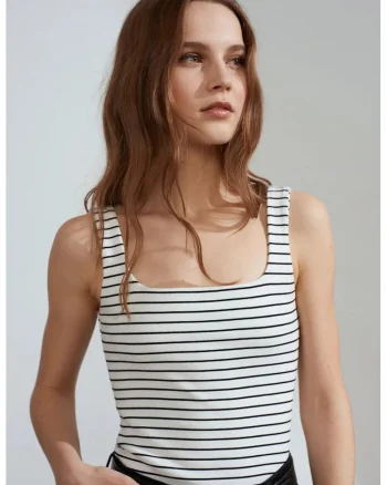 Bluza fara maneci,  dungi, alb/negru, bumbac cu elastan