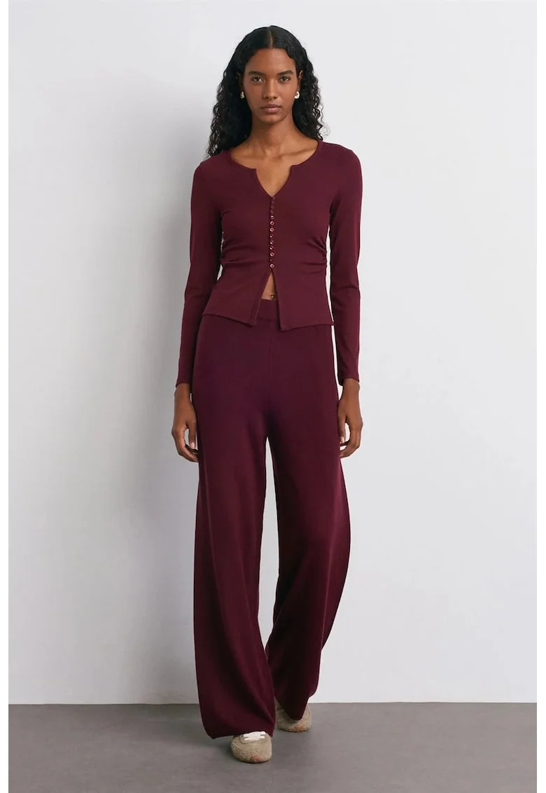 Pantaloni dama,  picior larg, elastic, rosu bordeaux, tricotat,