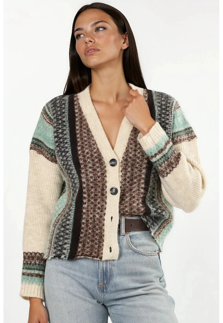 Cardigan tricotat  decolteu in V, model distinctiv, maro, acrilic-poliester