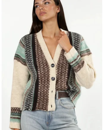 Cardigan tricotat  decolteu in V, model distinctiv, maro, acrilic-poliester