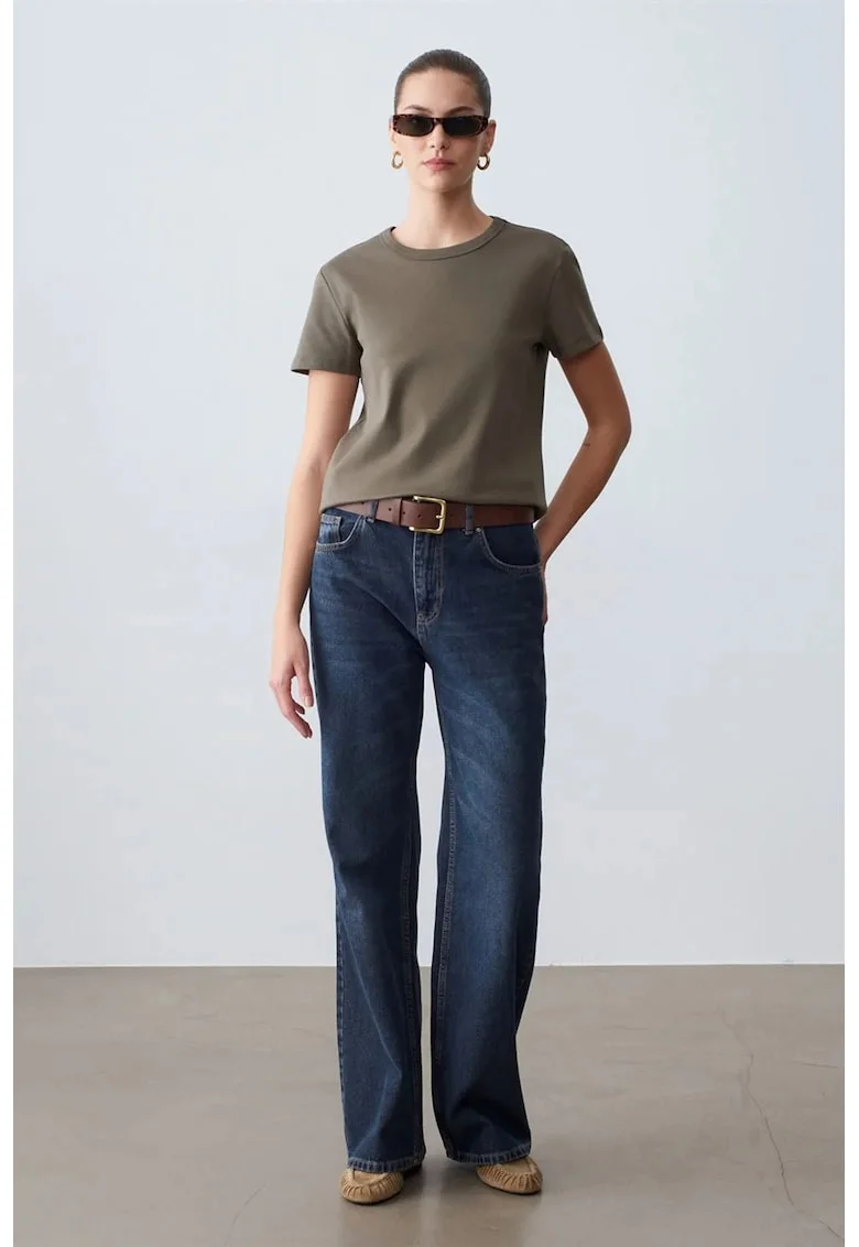 Tricou dama,  regular fit, elastic, verde kaki, bumbac cu elastan