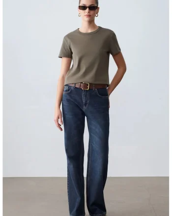 Tricou dama,  regular fit, elastic, verde kaki, bumbac cu elastan