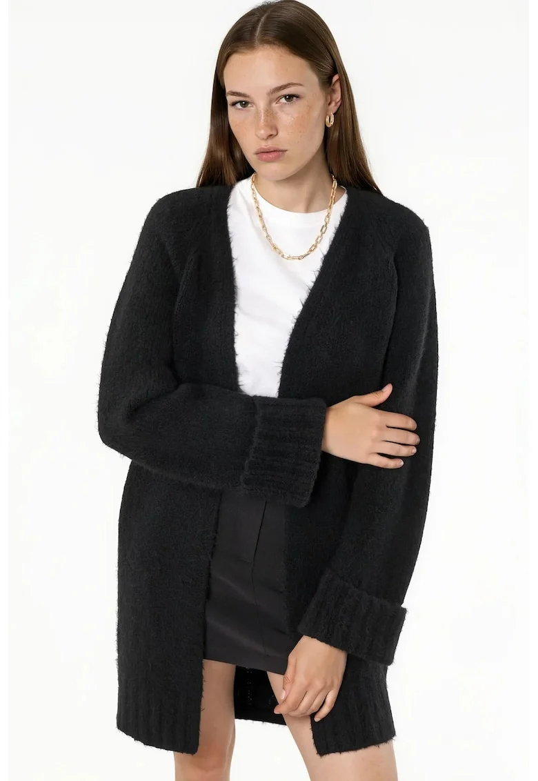 Cardigan lung tricotat,  guler deschis, negru, 77% acrilic, 23% poliester