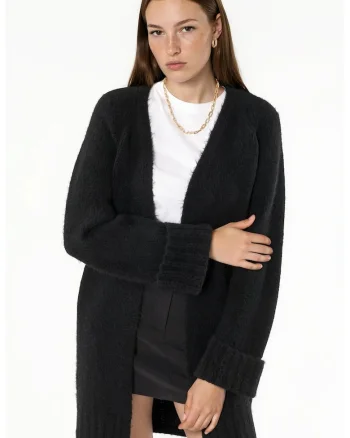 Cardigan lung tricotat,  guler deschis, negru, 77% acrilic, 23% poliester