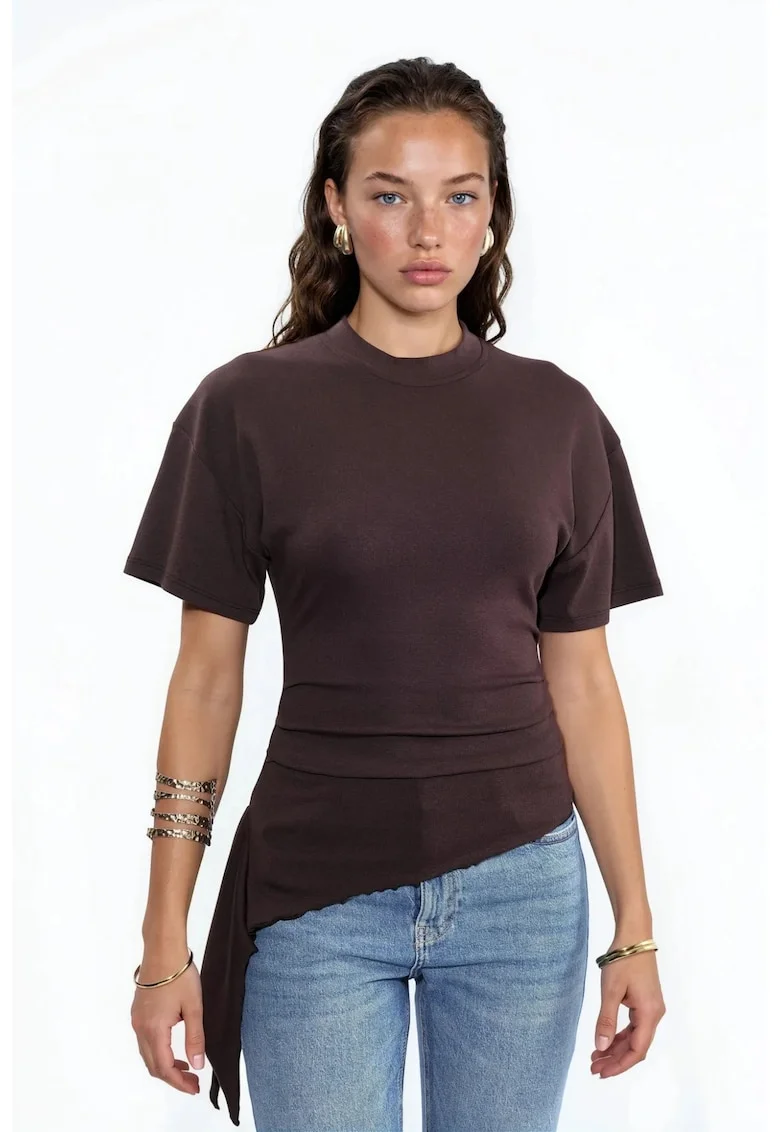 Tricou dama  supradimensionat, maneca scurta, maro, amestec lyocell-bumbac-elastan