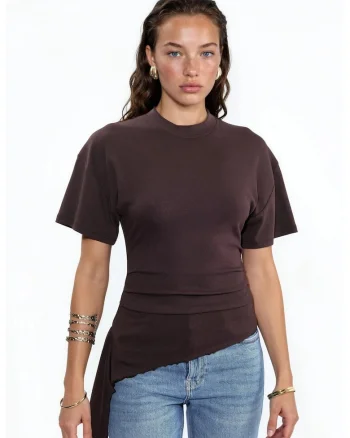 Tricou dama  supradimensionat, maneca scurta, maro, amestec lyocell-bumbac-elastan