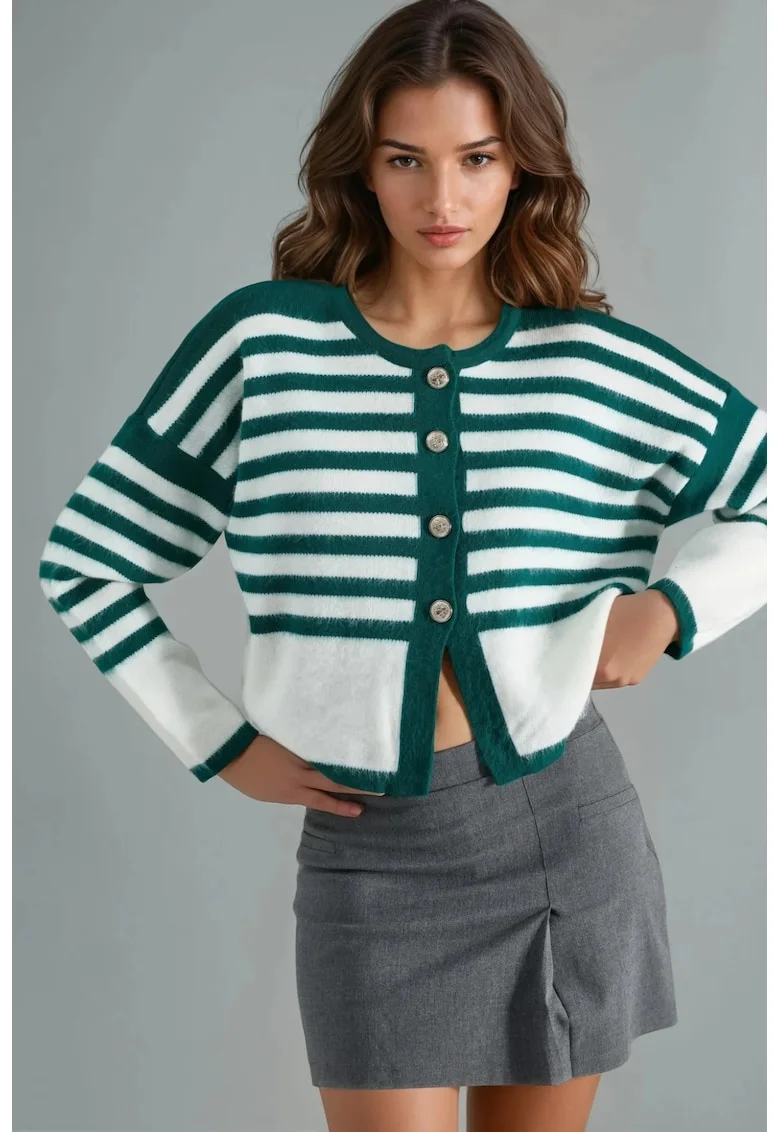 Cardigan tricotat cu dungi  cu nervuri, verde Sacramento, 100% acrilic, pentru femei,