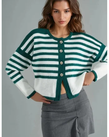 Cardigan tricotat cu dungi  cu nervuri, verde Sacramento, 100% acrilic, pentru femei,