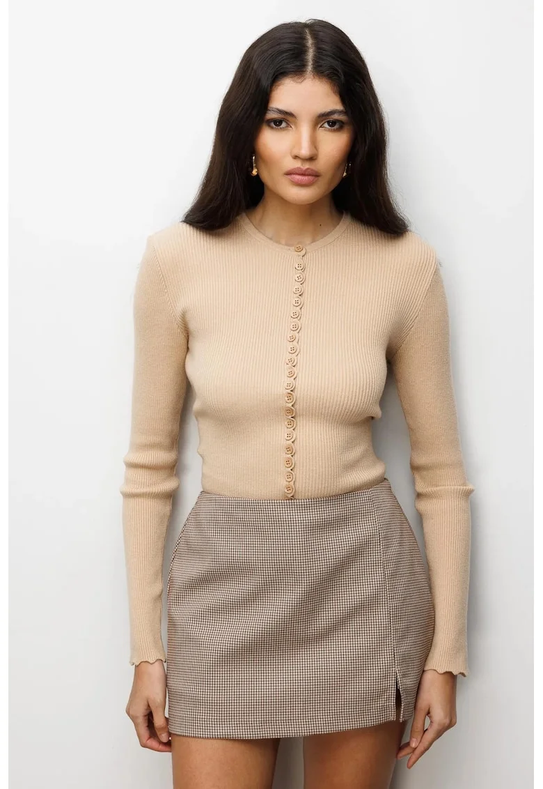 Cardigan tricotat cu nasturi  maneci lungi, tan natural, poliester, set