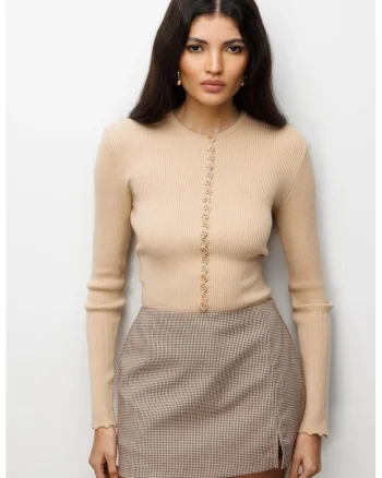 Cardigan tricotat cu nasturi  maneci lungi, tan natural, poliester, set