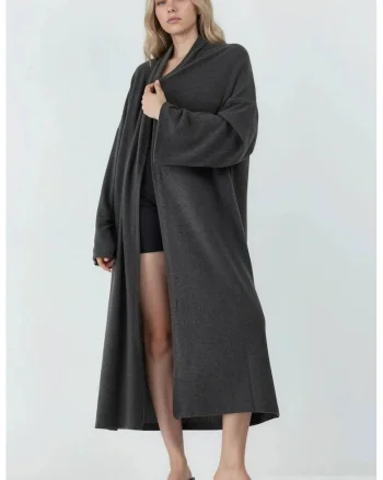 Cardigan lung,  cu guler sal, gri inchis, tricotaj moale, croiala lejera,