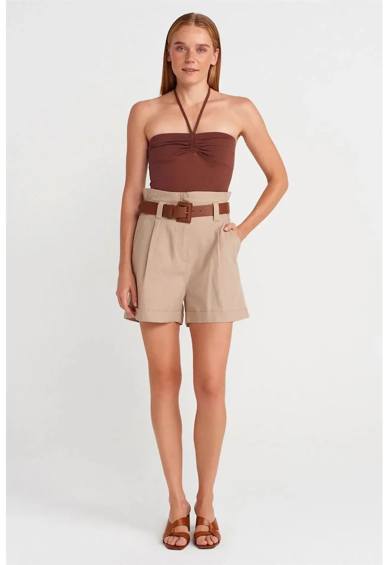 Pantaloni scurti,  talie inalta, cu curea, bej natural, amestec de in