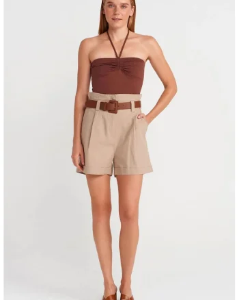 Pantaloni scurti,  talie inalta, cu curea, bej natural, amestec de in
