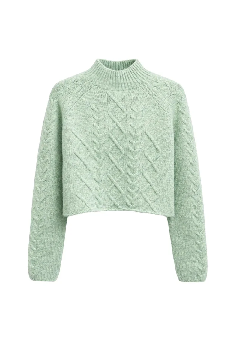 Pulover dama  model Argyle, guler semi-rulat, verde menta, acril si poliester,