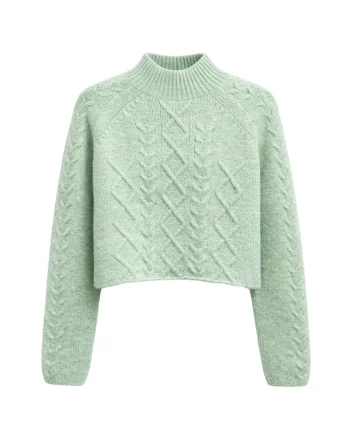 Pulover dama  model Argyle, guler semi-rulat, verde menta, acril si poliester,