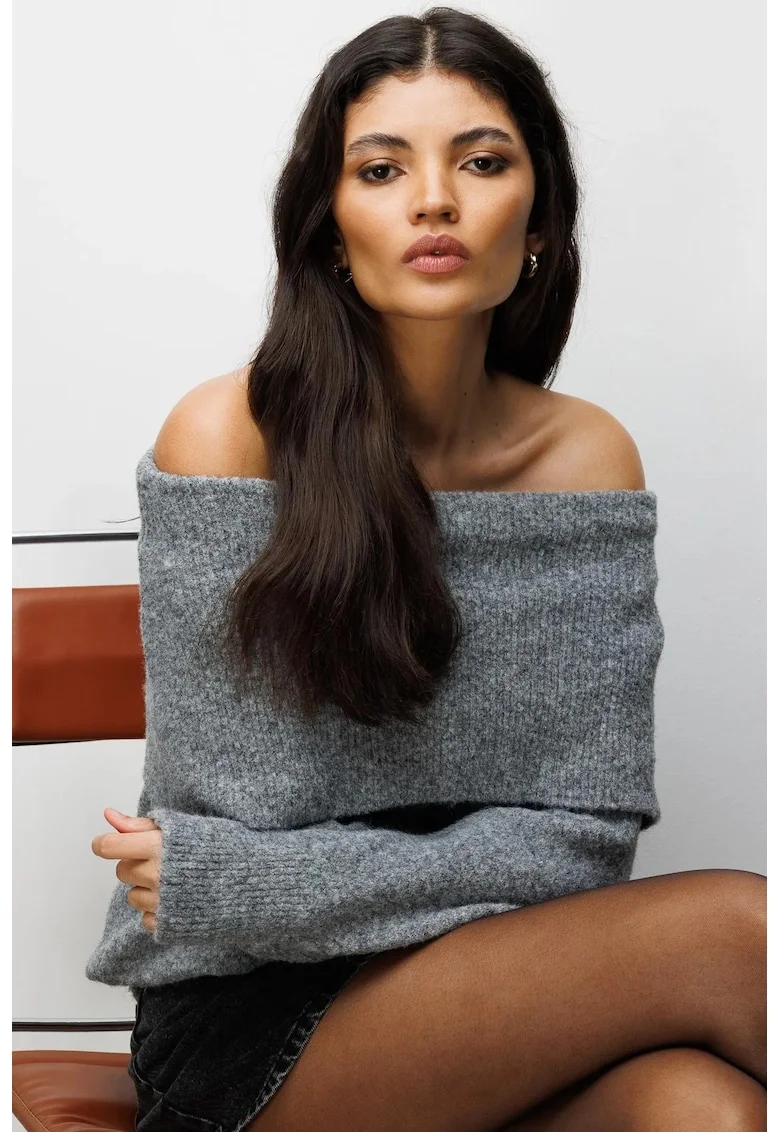Pulover dama,  cu umeri goi, croiala lejera, gri, poliester,