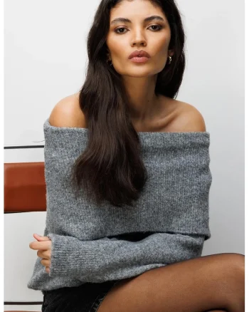 Pulover dama,  cu umeri goi, croiala lejera, gri, poliester,