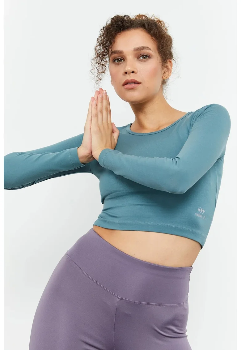 Tricou dama,  top scurt, maneca lunga, elastic, Albastru Cerulean, 92% bumbac