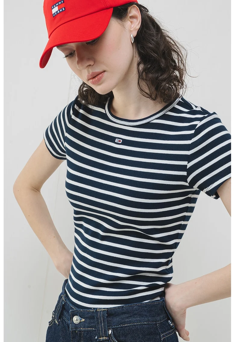 Tricou slim fit striat, Alb optic/Bleumarin