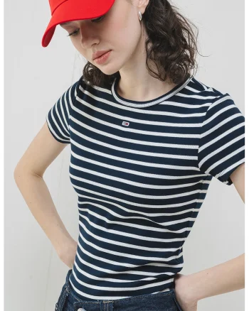 Tricou slim fit striat, Alb optic/Bleumarin