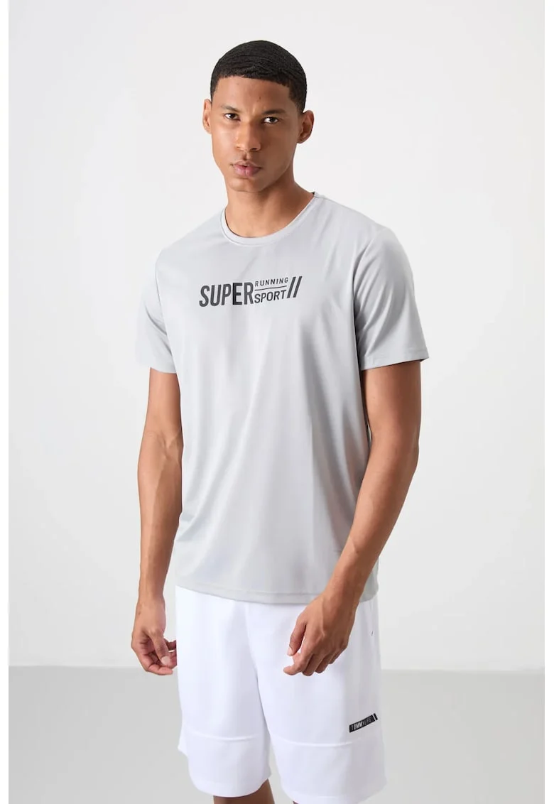 Tricou  gri deschis, imprimeu pe spate, 100% poliester