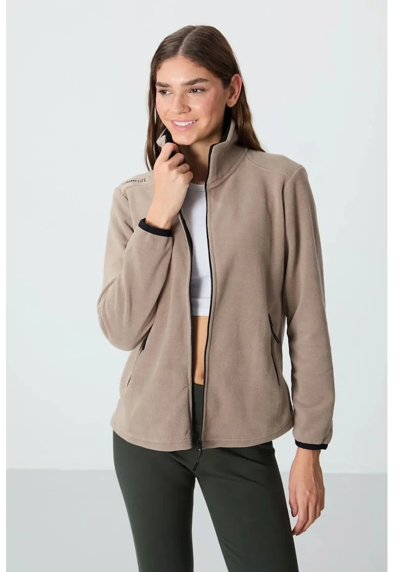 Hanorac  regular fit, cu fermoar, bej natural, poliester, maneci lungi