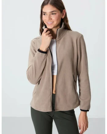 Hanorac  regular fit, cu fermoar, bej natural, poliester, maneci lungi