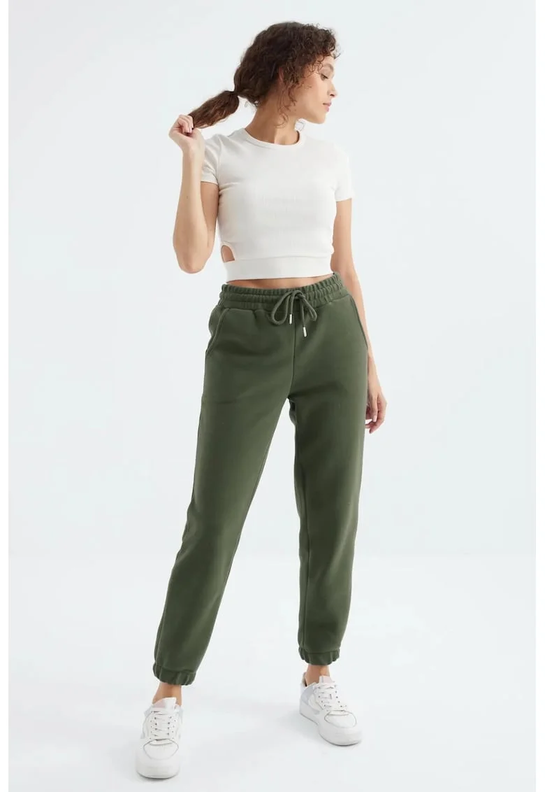 Pantaloni dama,  jogger, buzunar, verde kaki, poliester