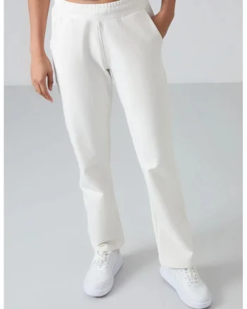 Pantaloni dama,  trening din fleece, buzunar, alb prafuit, 77% bumbac