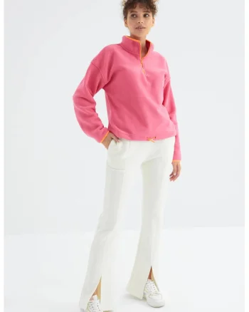 Pantaloni de trening,  talie inalta, picior drept, Dusty White, bumbac si poliester