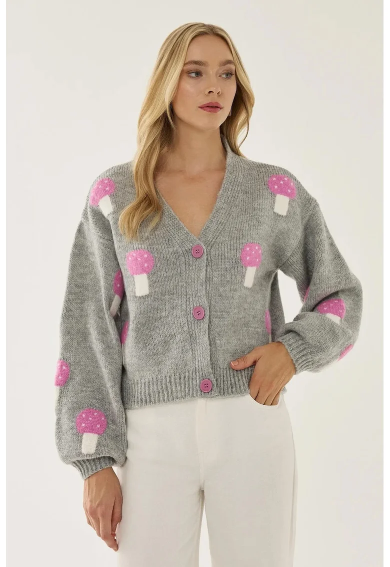 Cardigan  femei, decolteu in V, gri, tricot,