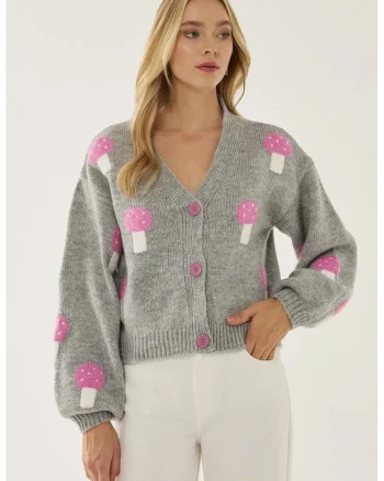 Cardigan  femei, decolteu in V, gri, tricot,