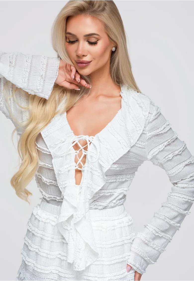 Bluza dama cu decolteu in V, maneci lungi, croi ajustat, material structurat OW-TS-E0067