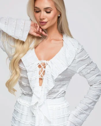 Bluza dama cu decolteu in V, maneci lungi, croi ajustat, material structurat OW-TS-E0067