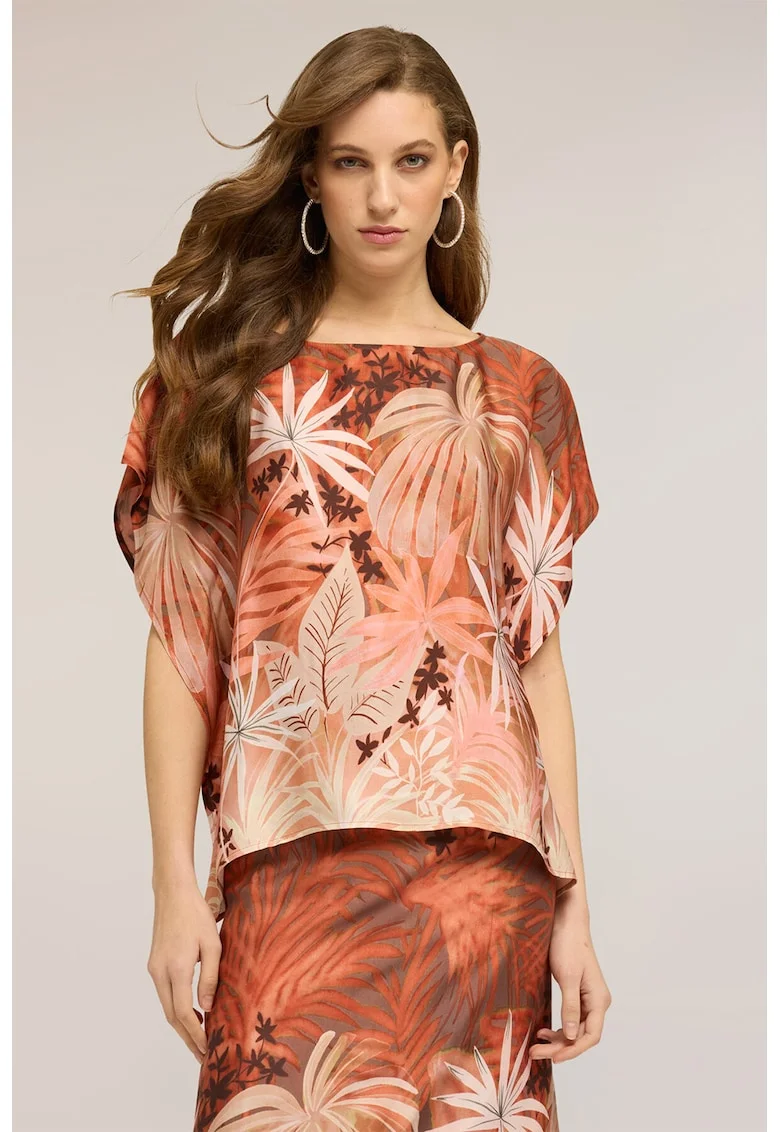 Bluza cu imprimeu tropical, Caramiziu/Roz