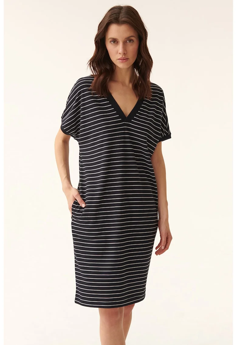 Rochie lejera cu model in dungi, Alb/Bleumarin