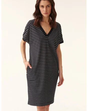 Rochie lejera cu model in dungi, Alb/Bleumarin