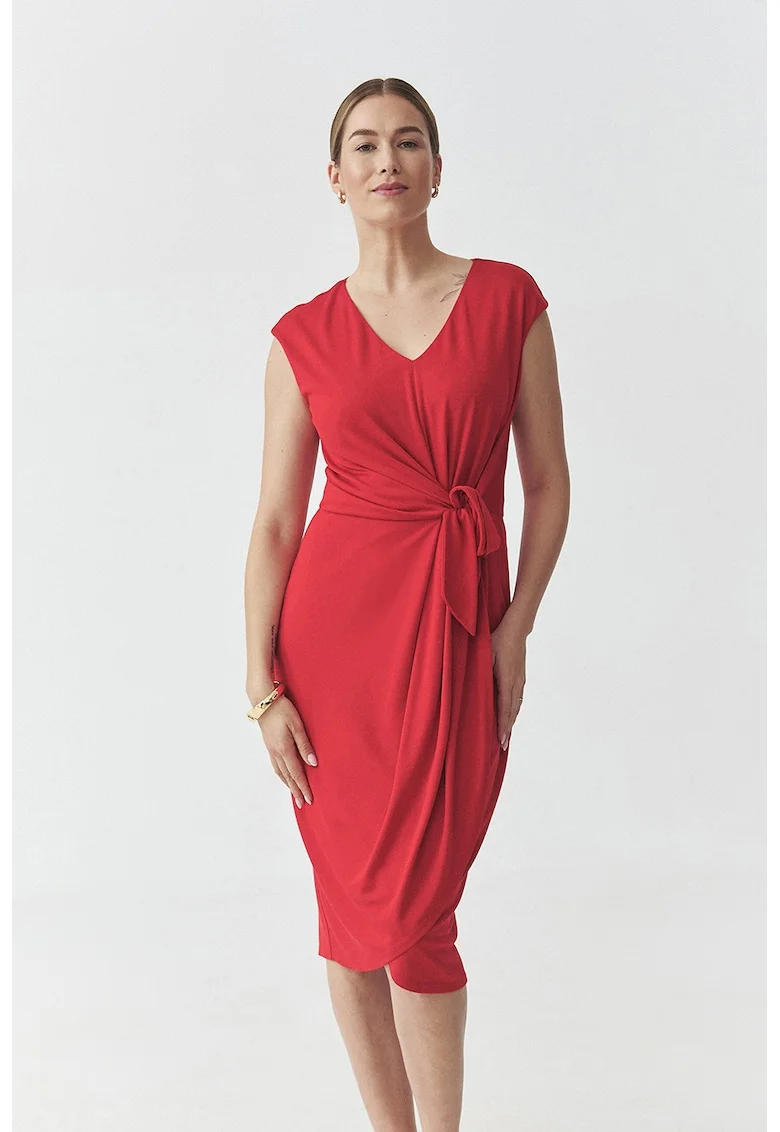 Rochie petrecut din amestec de modal cu decolteu in V, Rosu vermillion