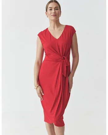Rochie petrecut din amestec de modal cu decolteu in V, Rosu vermillion