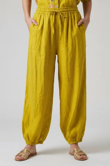 Pantaloni de vara Harem, din in, croi balon, cu siret in talie, galbeni