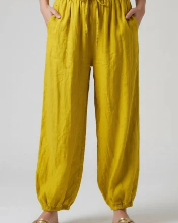 Pantaloni de vara Harem, din in, croi balon, cu siret in talie, galbeni