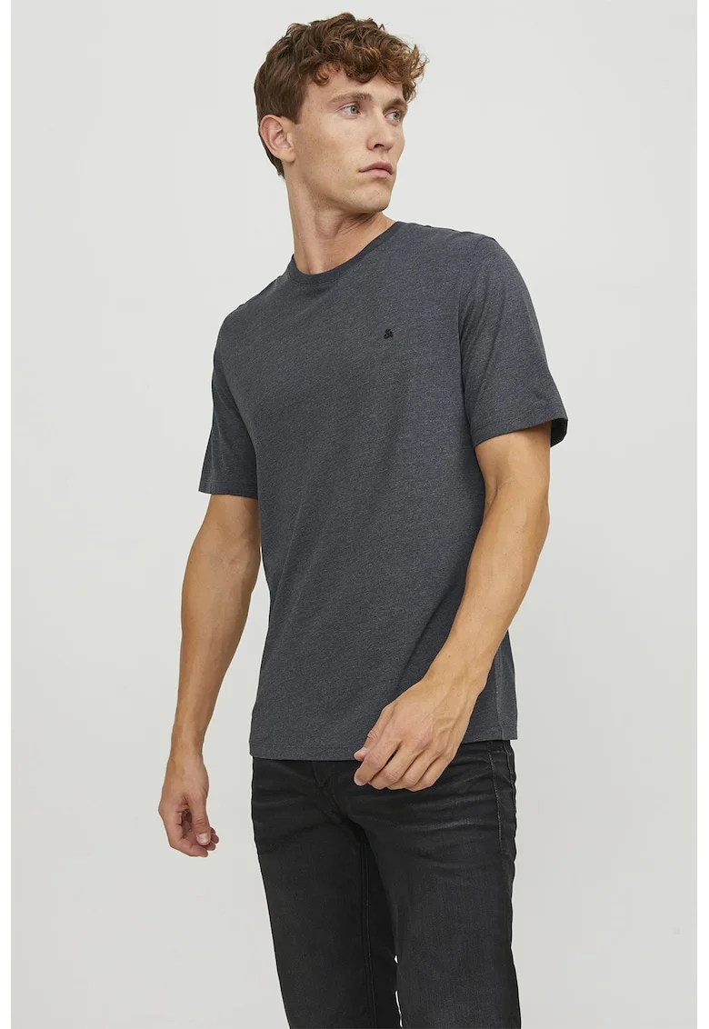 Tricou de bumbac organic cu decolteu la baza gatului si broderie discreta, Gri melange